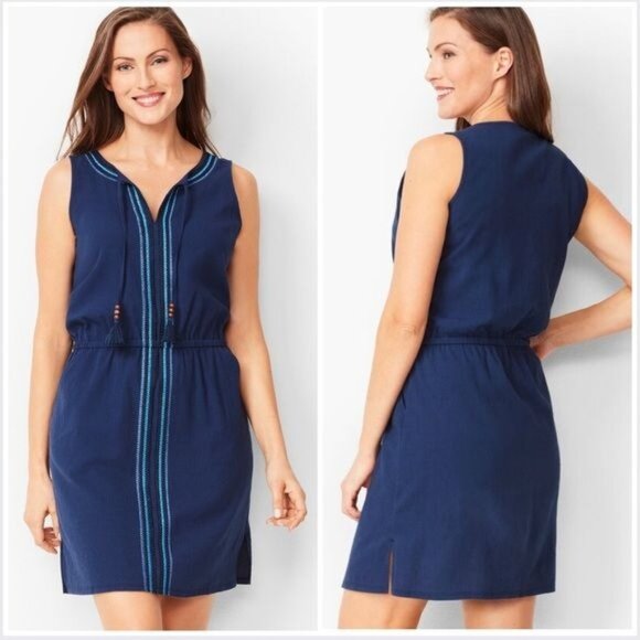 TALBOTS EMBROIDERED SPLIT NECK COVER-UP IN BLUE SIZE M